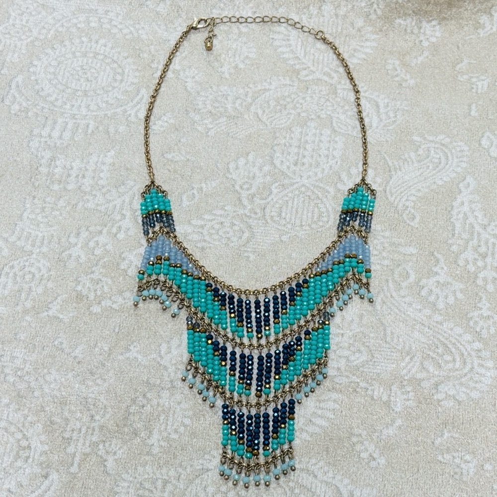 Beaded Fringe Statement Necklace Gold Tone w/ Teal, Blue & Bronze Bib Native